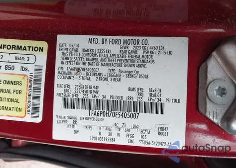 2014 Ford Fusion Se из США, поврежденный, VIN 1FA6P0H70E5405007
